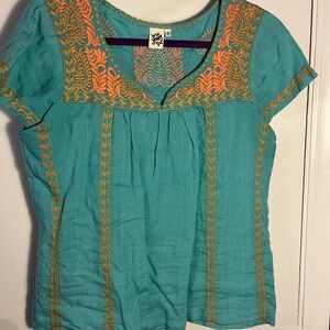 Ivy Jane Turquoise boho Blouse with Orange Embroidery Small